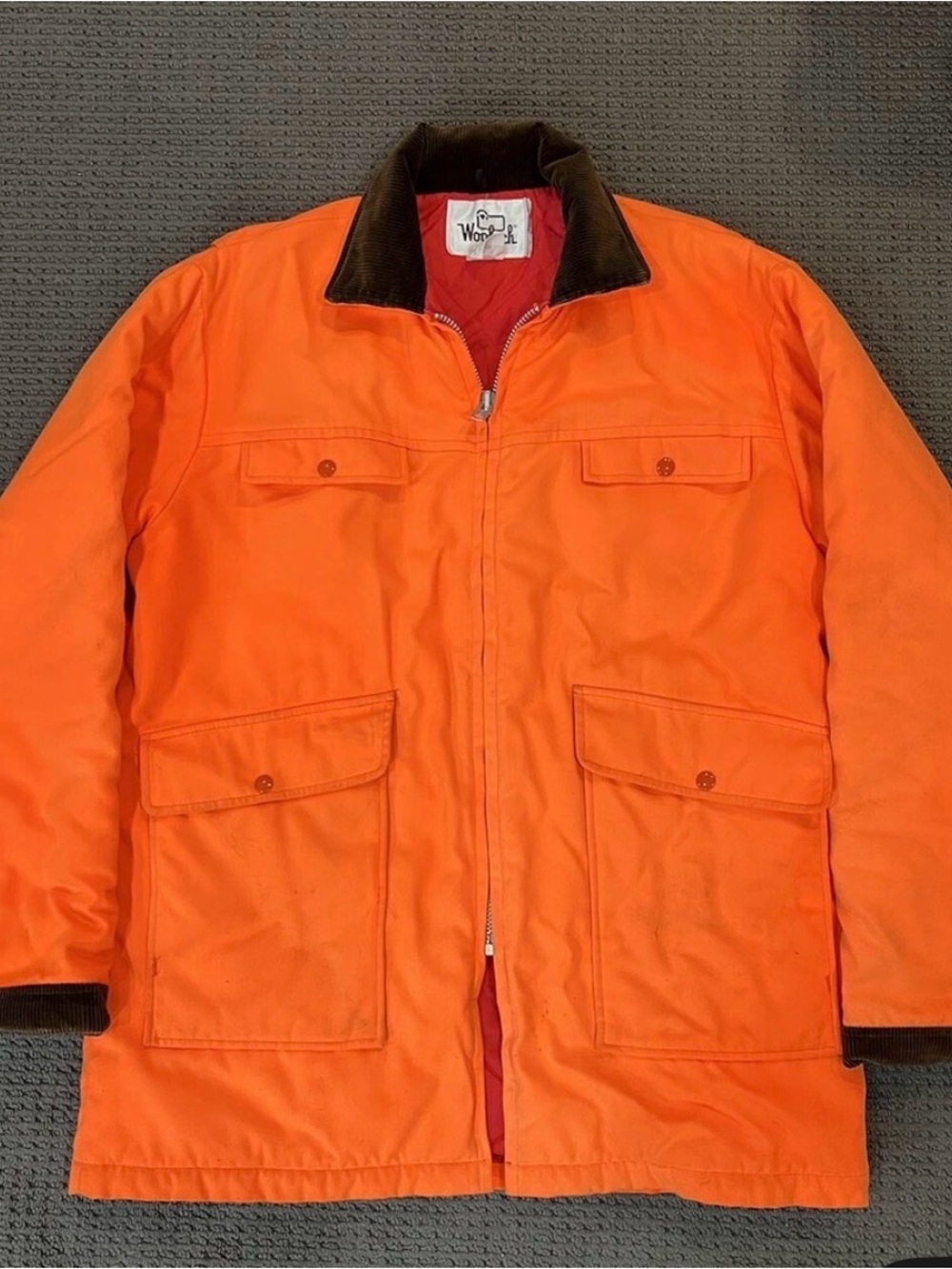 Woolrich High-Visibility Orange Work / Hunting Jacket with Brown Corduroy Collar